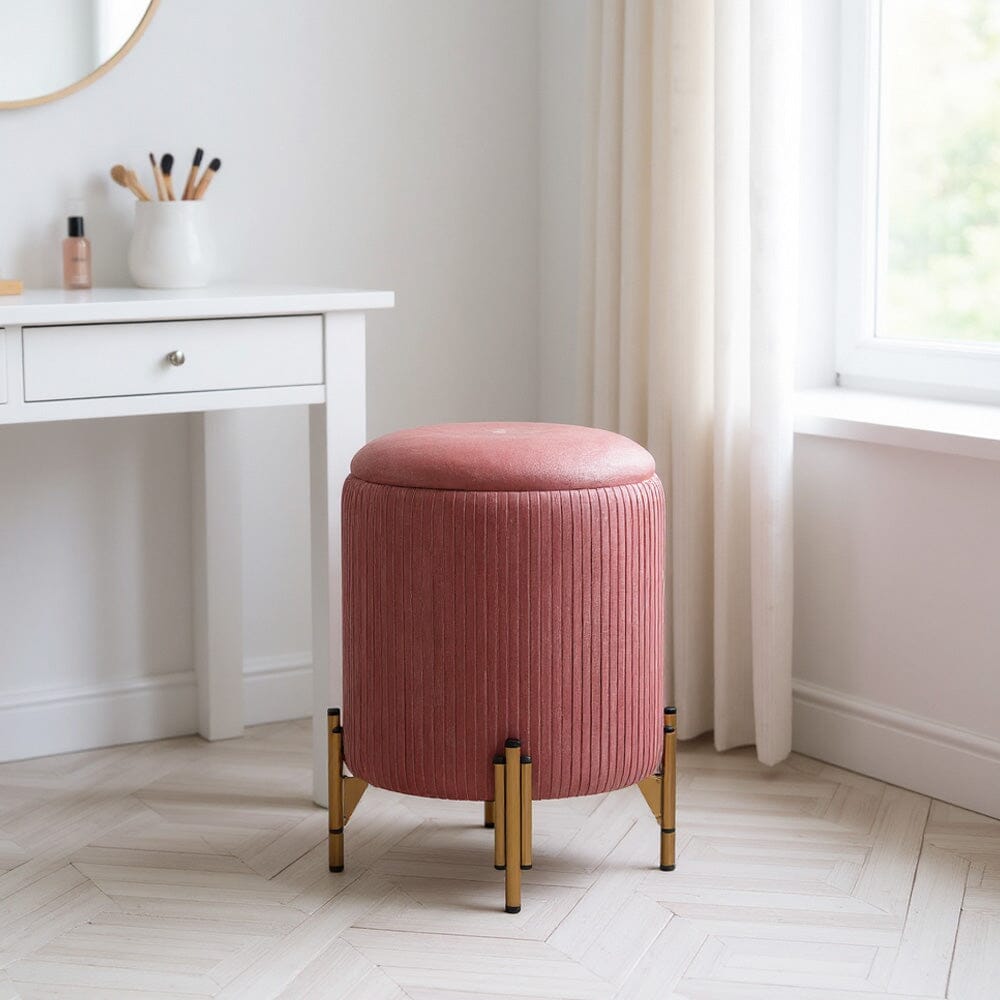 Velvet Storage Ottoman with Removable Tray Lid and Gold Metal Legs Living and Home Pink 