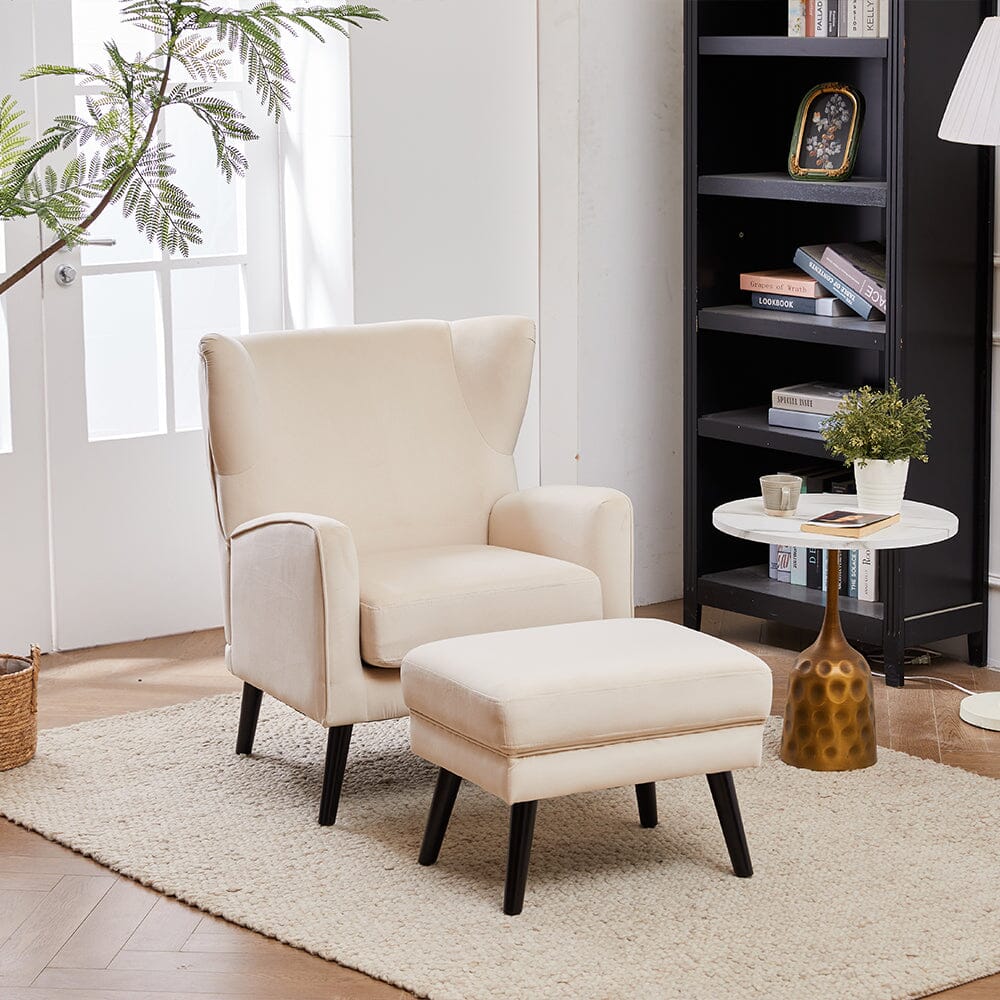 Chenille & Velvet Accent Chair with Ottoman Set Living and Home Beige 