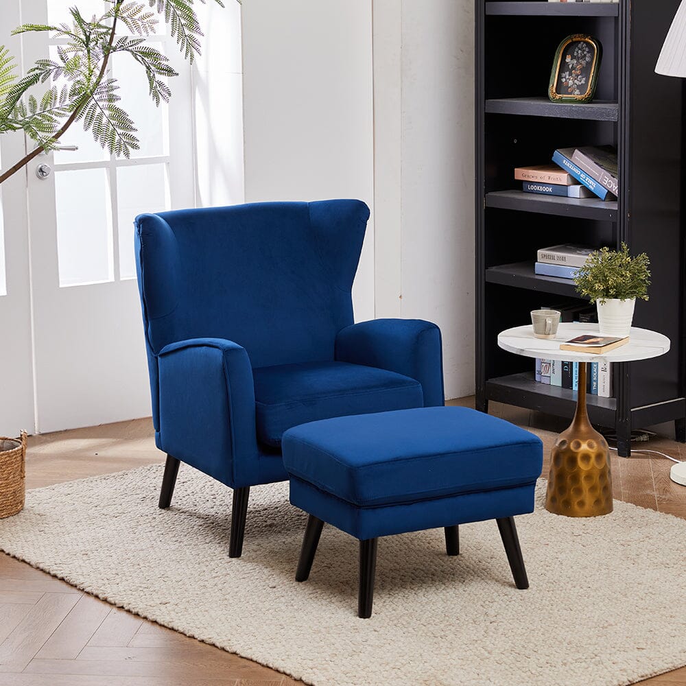 Chenille & Velvet Accent Chair with Ottoman Set Living and Home Dark Blue 
