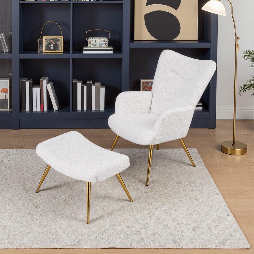 White Lamb Wool Accent Chair Series Living and Home With Footstool 