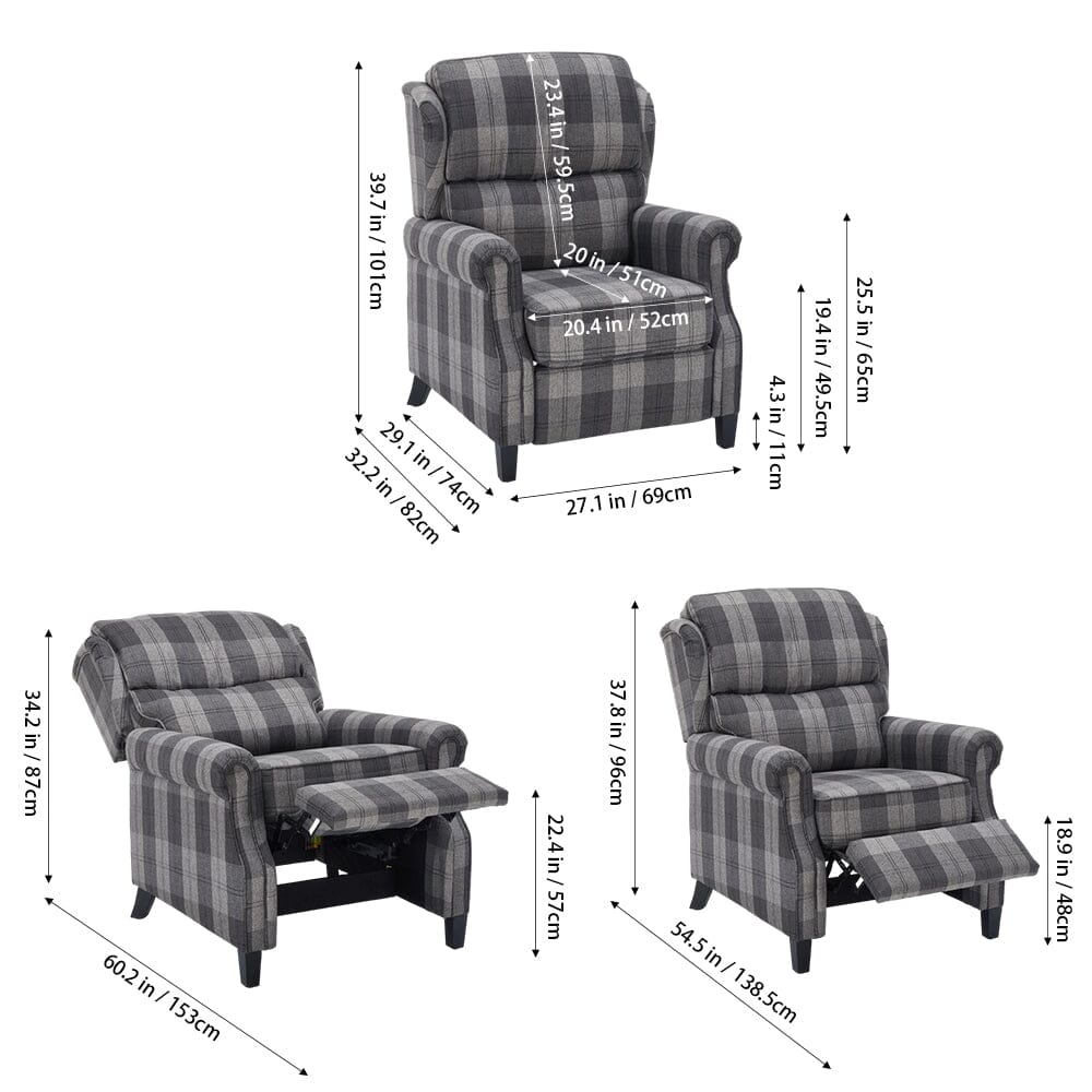 Grey & Black Check Linen Recliner Chair with Adjustable Foot Nails and Wooden Legs Living and Home 