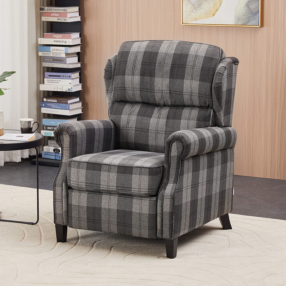 Grey & Black Check Linen Recliner Chair with Adjustable Foot Nails and Wooden Legs Living and Home 