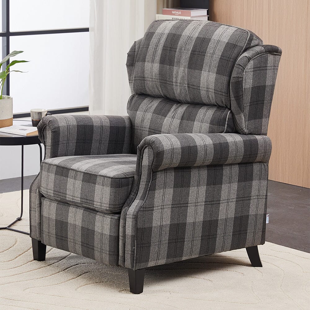 Grey & Black Check Linen Recliner Chair with Adjustable Foot Nails and Wooden Legs Living and Home 
