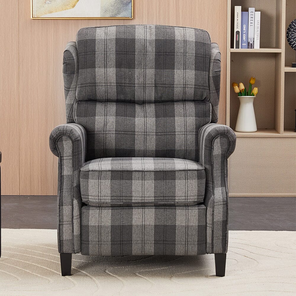 Grey & Black Check Linen Recliner Chair with Adjustable Foot Nails and Wooden Legs Living and Home 