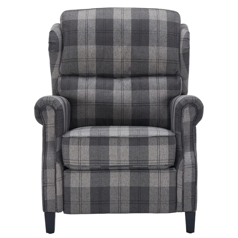 Grey & Black Check Linen Recliner Chair with Adjustable Foot Nails and Wooden Legs Living and Home 