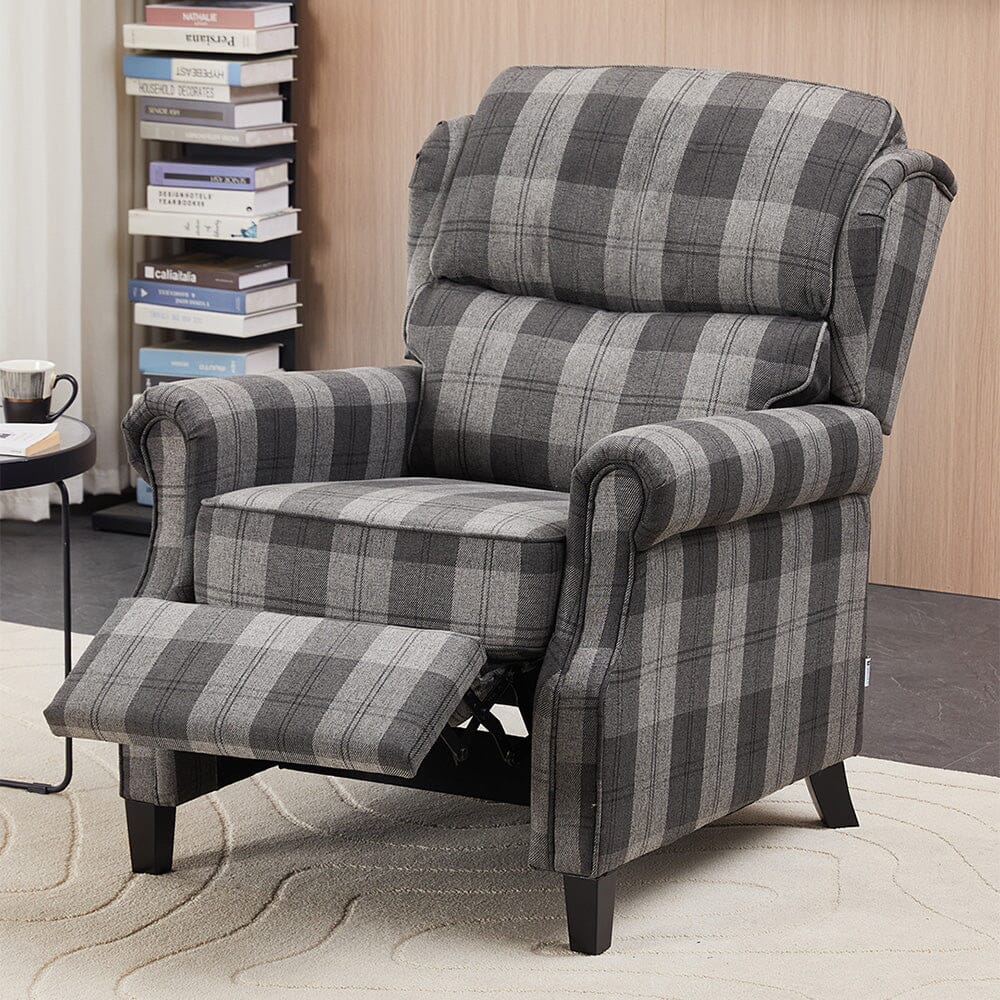 Grey & Black Check Linen Recliner Chair with Adjustable Foot Nails and Wooden Legs Living and Home 