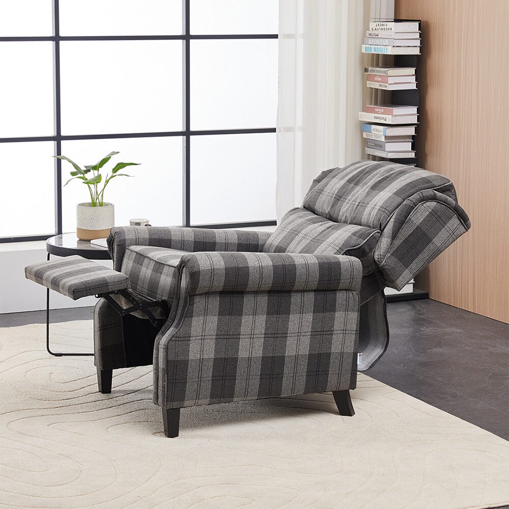 Grey & Black Check Linen Recliner Chair with Adjustable Foot Nails and Wooden Legs Living and Home 