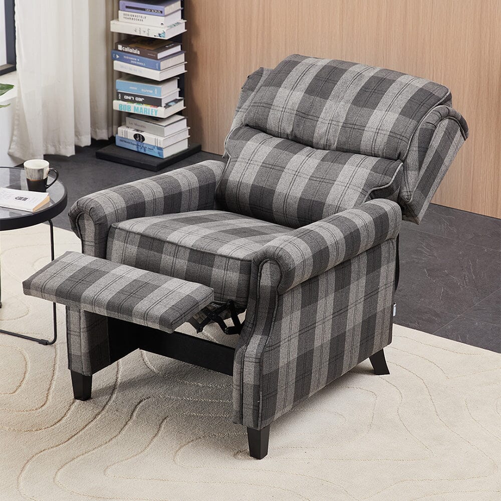 Grey & Black Check Linen Recliner Chair with Adjustable Foot Nails and Wooden Legs Living and Home 