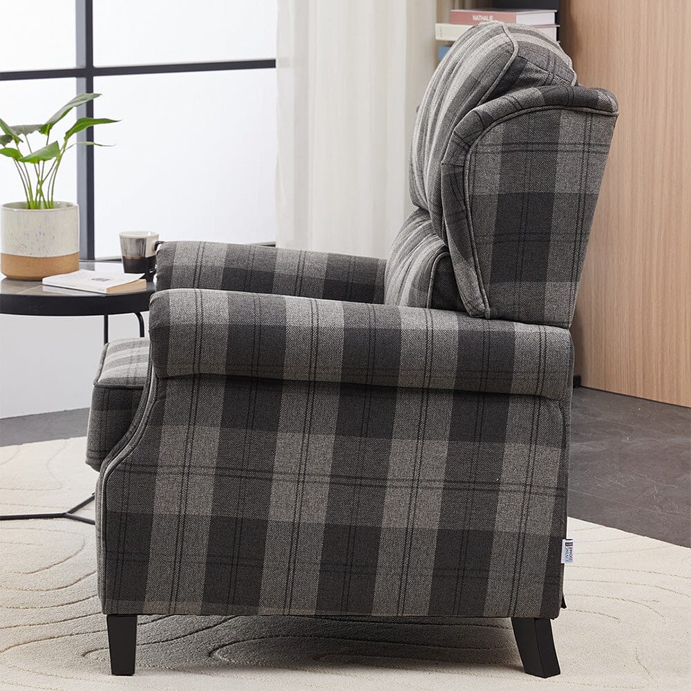 Grey & Black Check Linen Recliner Chair with Adjustable Foot Nails and Wooden Legs Living and Home 
