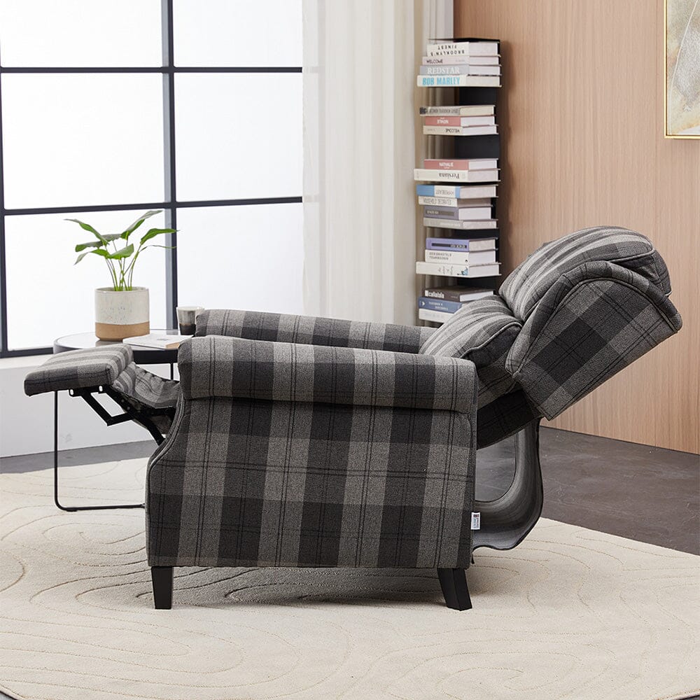 Grey & Black Check Linen Recliner Chair with Adjustable Foot Nails and Wooden Legs Living and Home 