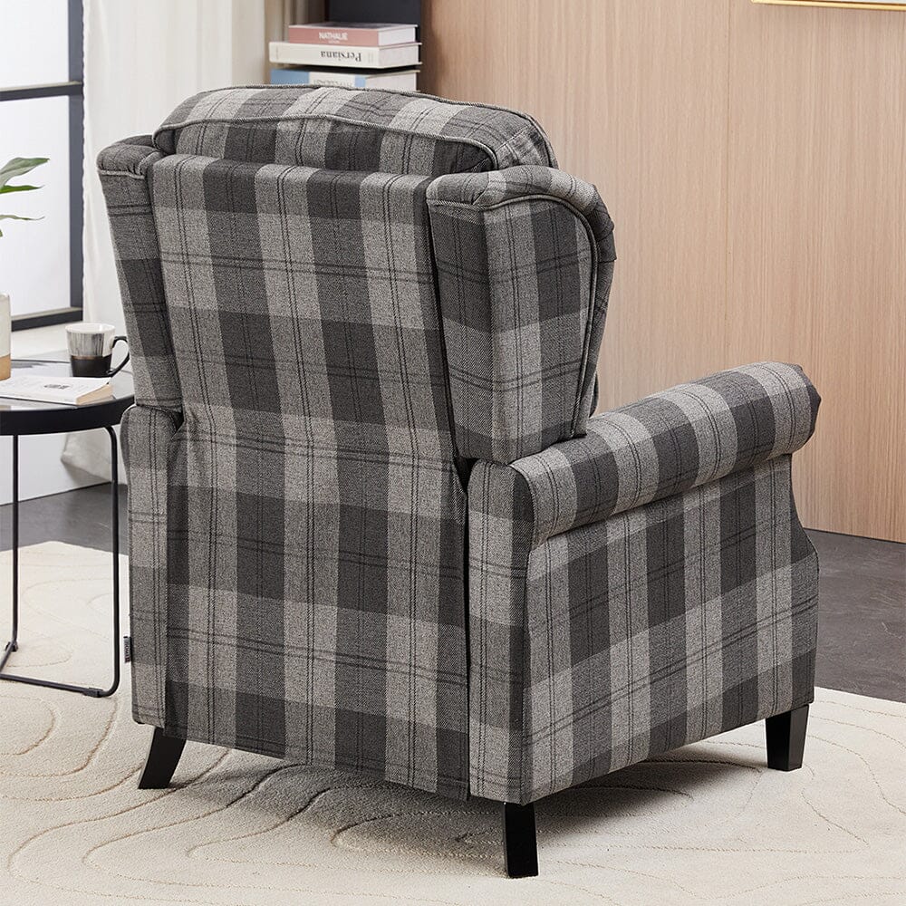 Grey & Black Check Linen Recliner Chair with Adjustable Foot Nails and Wooden Legs Living and Home 