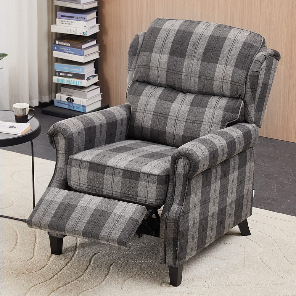 Grey & Black Check Linen Recliner Chair with Adjustable Foot Nails and Wooden Legs Living and Home 
