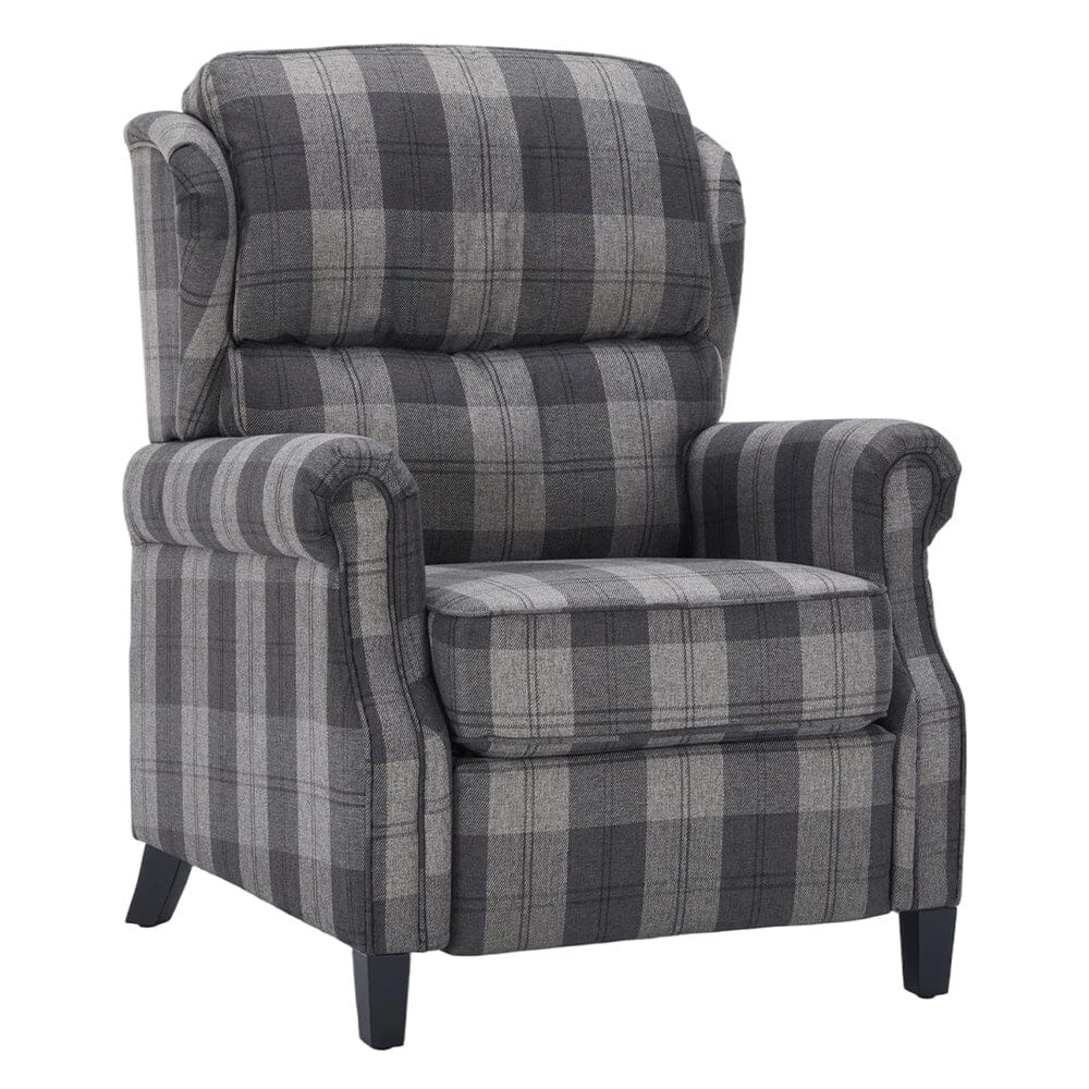Grey & Black Check Linen Recliner Chair with Adjustable Foot Nails and Wooden Legs Living and Home 