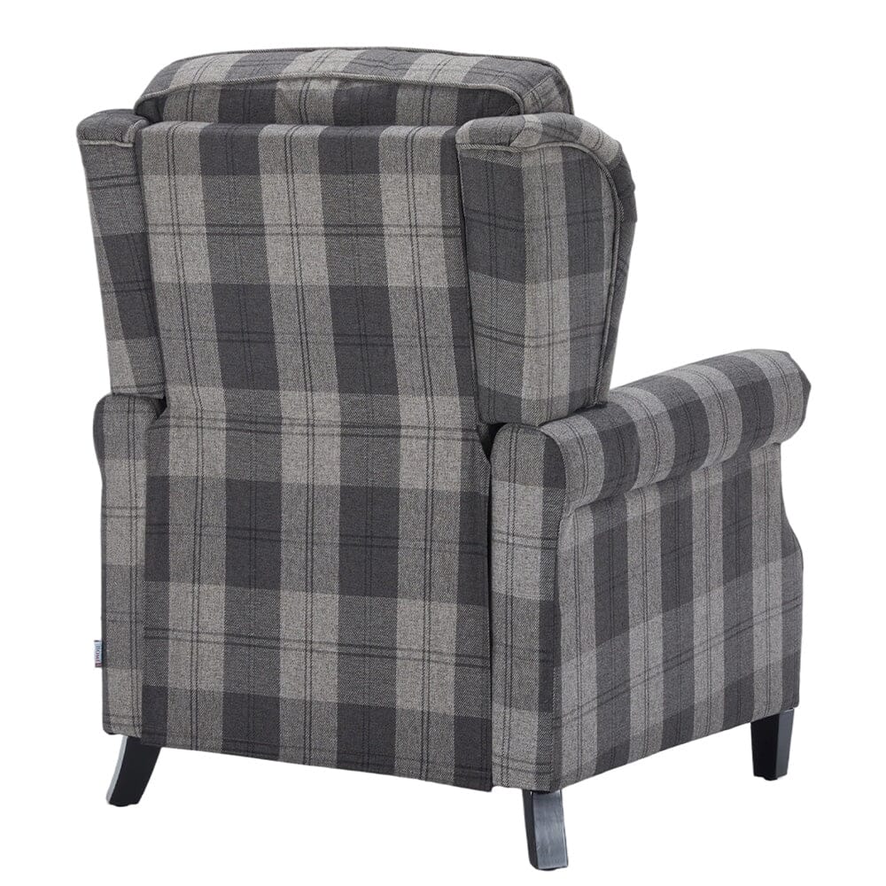 Grey & Black Check Linen Recliner Chair with Adjustable Foot Nails and Wooden Legs Living and Home 