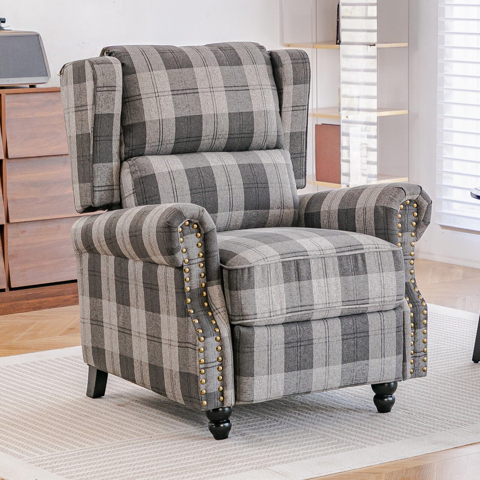 Linen Recliner Chair with Round Front Legs and Adjustable Foot Nails Living and Home Gray & Black Checkered 