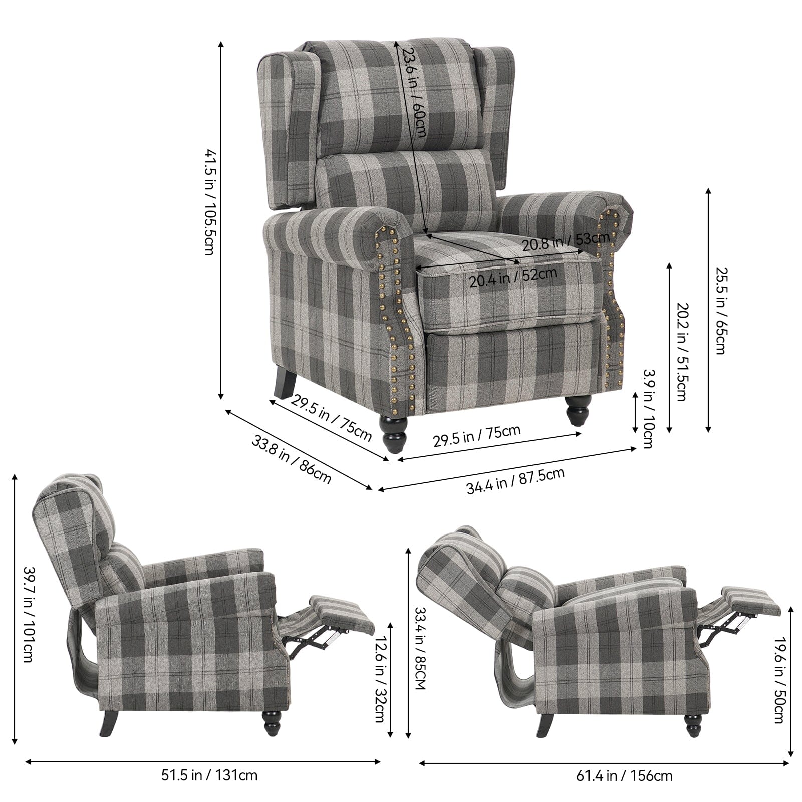 Linen Recliner Chair with Round Front Legs and Adjustable Foot Nails Living and Home 