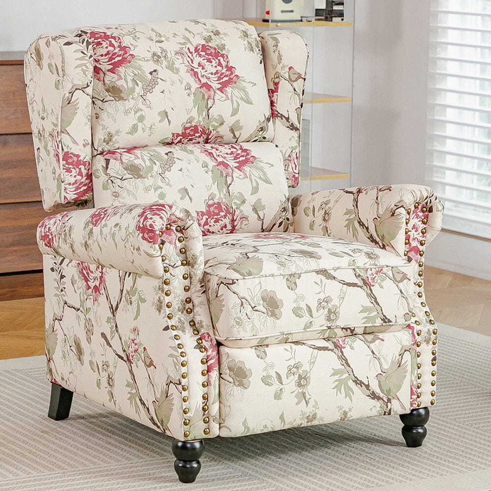 Linen Recliner Chair with Round Front Legs and Adjustable Foot Nails Living and Home Flower 