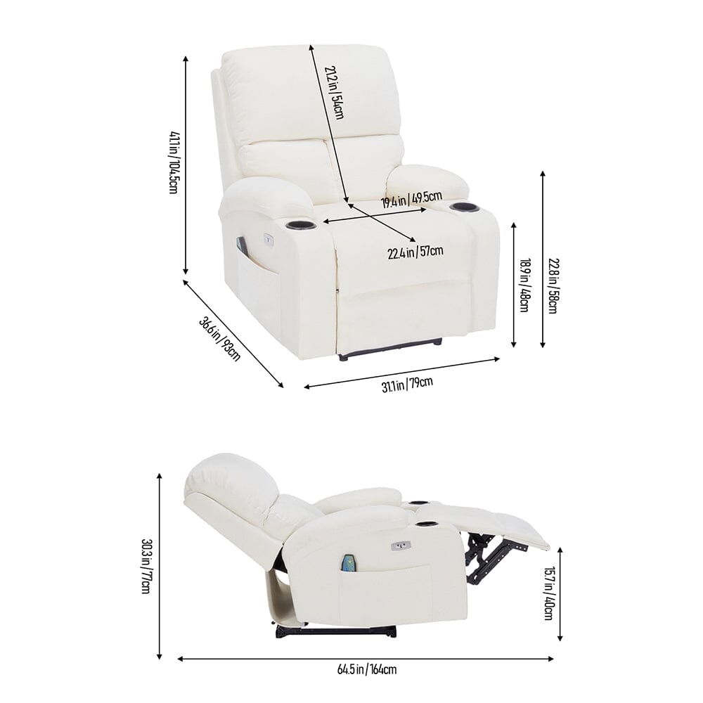 Electric Recliner Sofa with 8-Point Massage Heating Function and Cup Holders Living and Home 