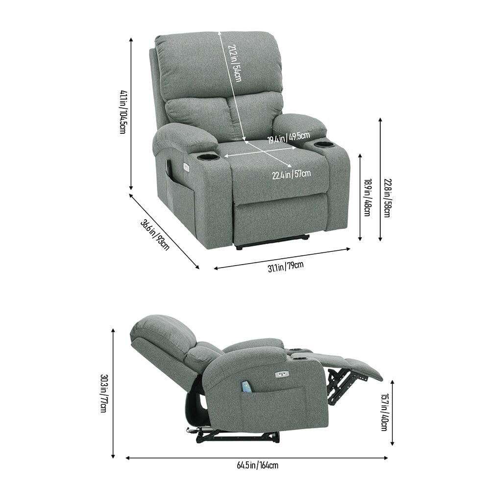 Electric Recliner Sofa with 8-Point Massage Heating Function and Cup Holders Living and Home 