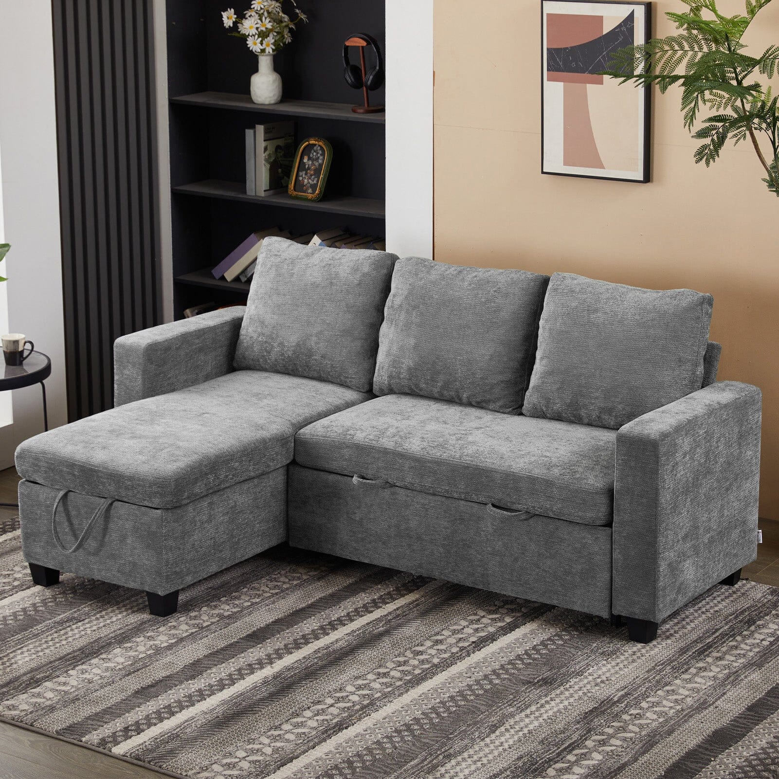 Pull-Out Sofa Bed with Storage Chaise and Soft Upholstery Living and Home Grey 