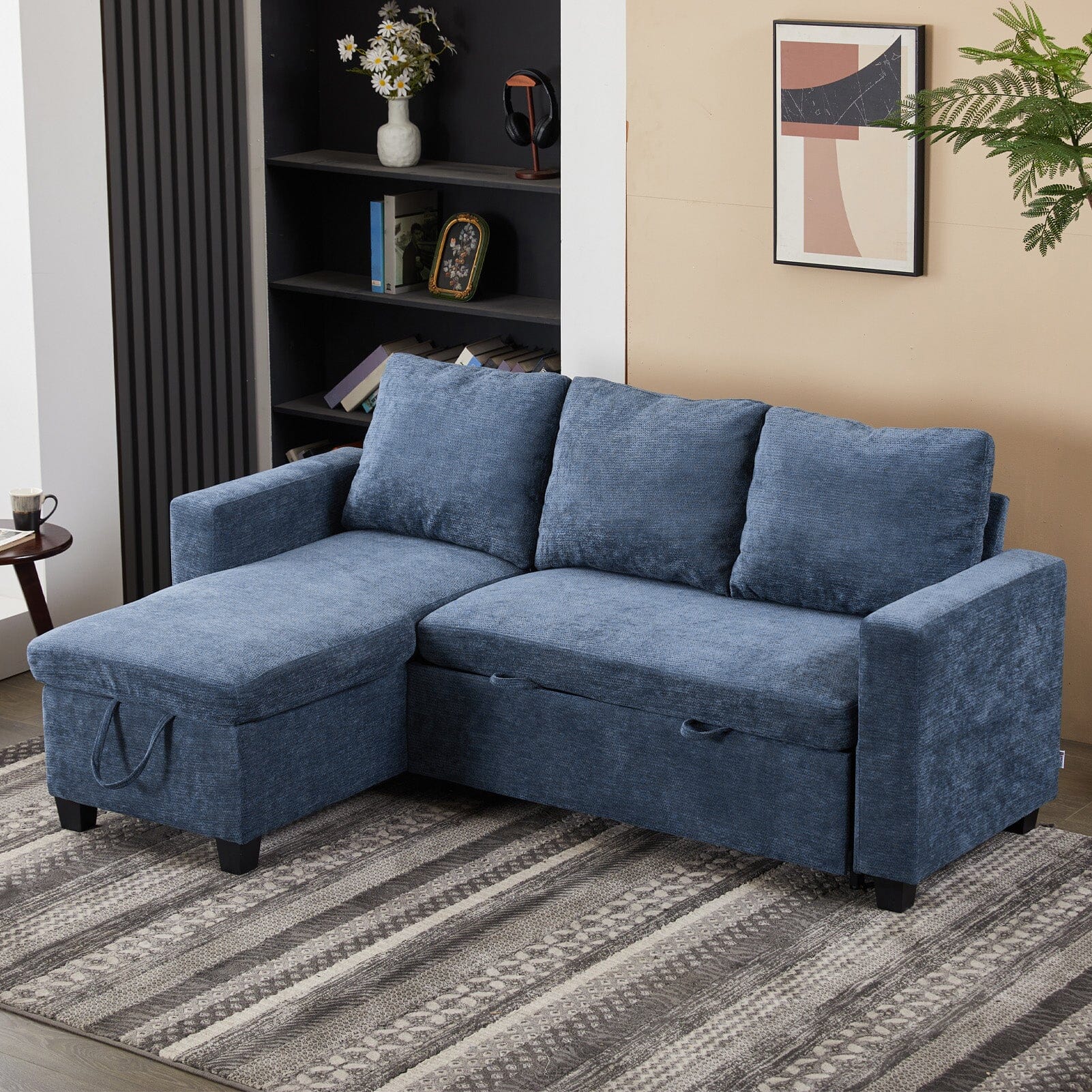 Pull-Out Sofa Bed with Storage Chaise and Soft Upholstery Living and Home Blue 