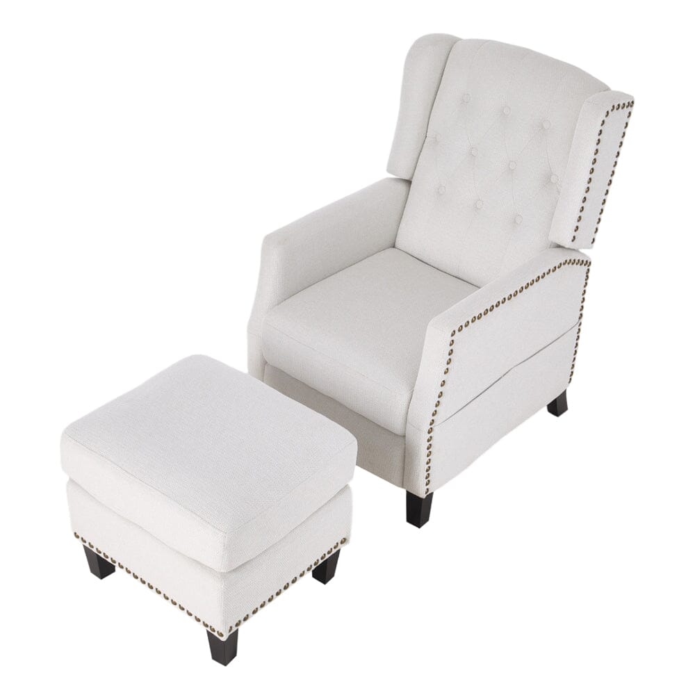Chenille Push-Back Recliner Chair with Ottoman and Brass Nail Trim Living and Home White 