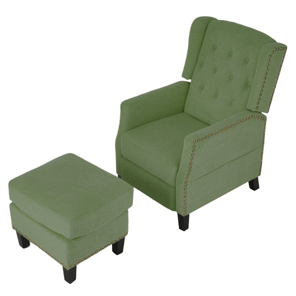 Chenille Push-Back Recliner Chair with Ottoman and Brass Nail Trim Living and Home Green 