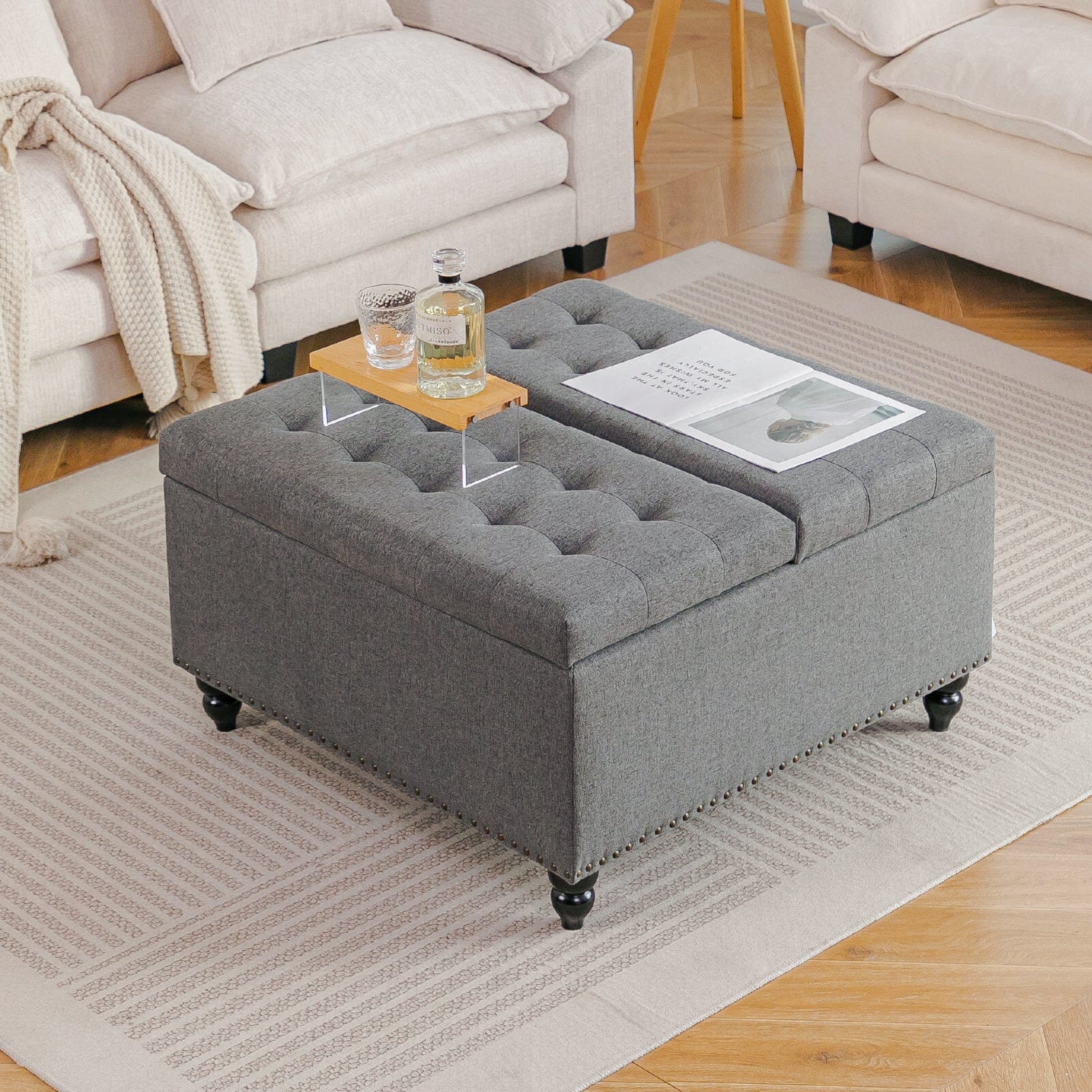 Large Square Storage Ottoman with Tufted Upholstery and Solid Wood Legs Living and Home Grey 