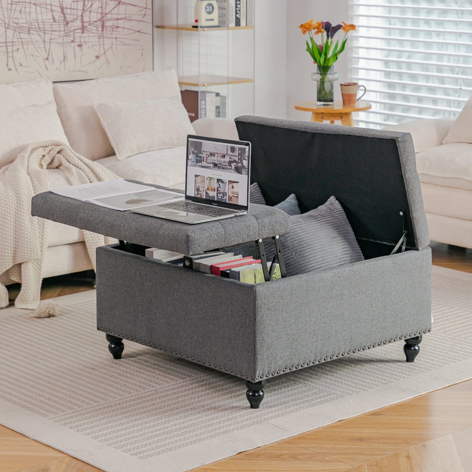 Large Square Storage Ottoman with Tufted Upholstery and Solid Wood Legs Living and Home 