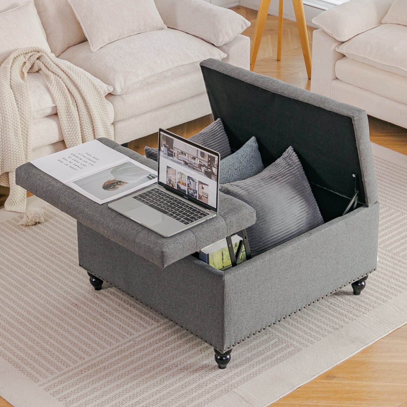 Large Square Storage Ottoman with Tufted Upholstery and Solid Wood Legs Living and Home 