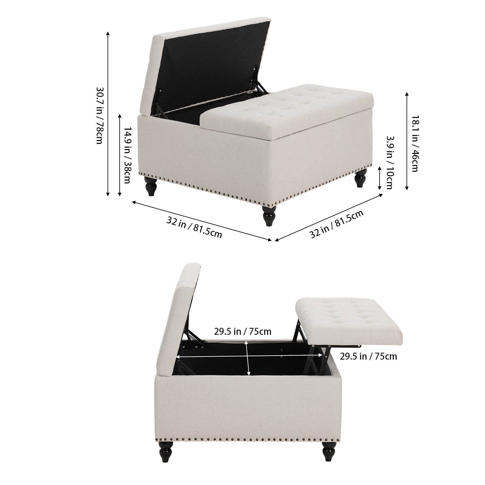 Large Square Storage Ottoman with Tufted Upholstery and Solid Wood Legs Living and Home 