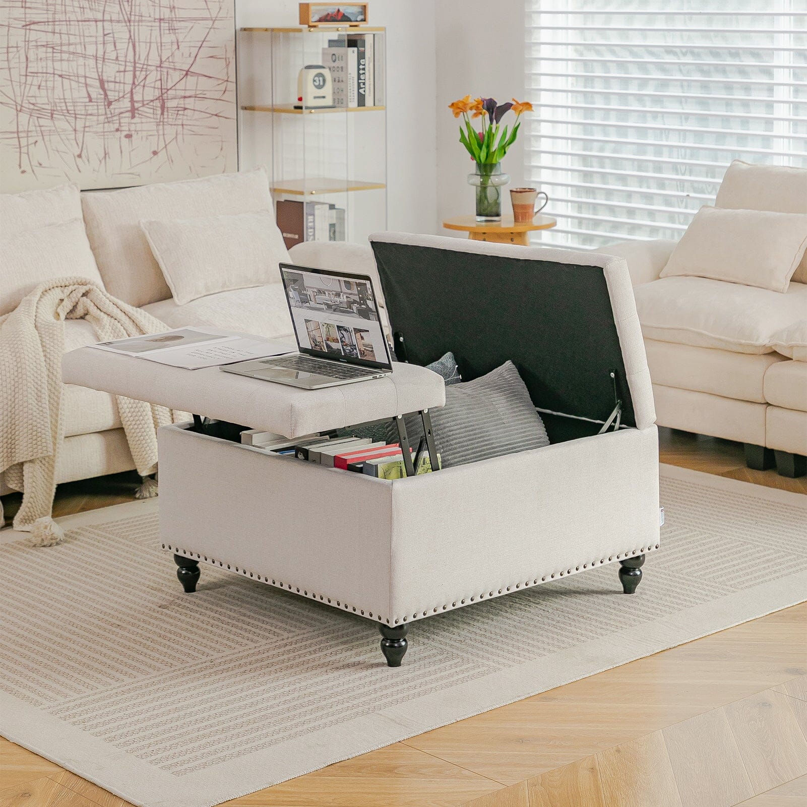 Large Square Storage Ottoman with Tufted Upholstery and Solid Wood Legs Living and Home 