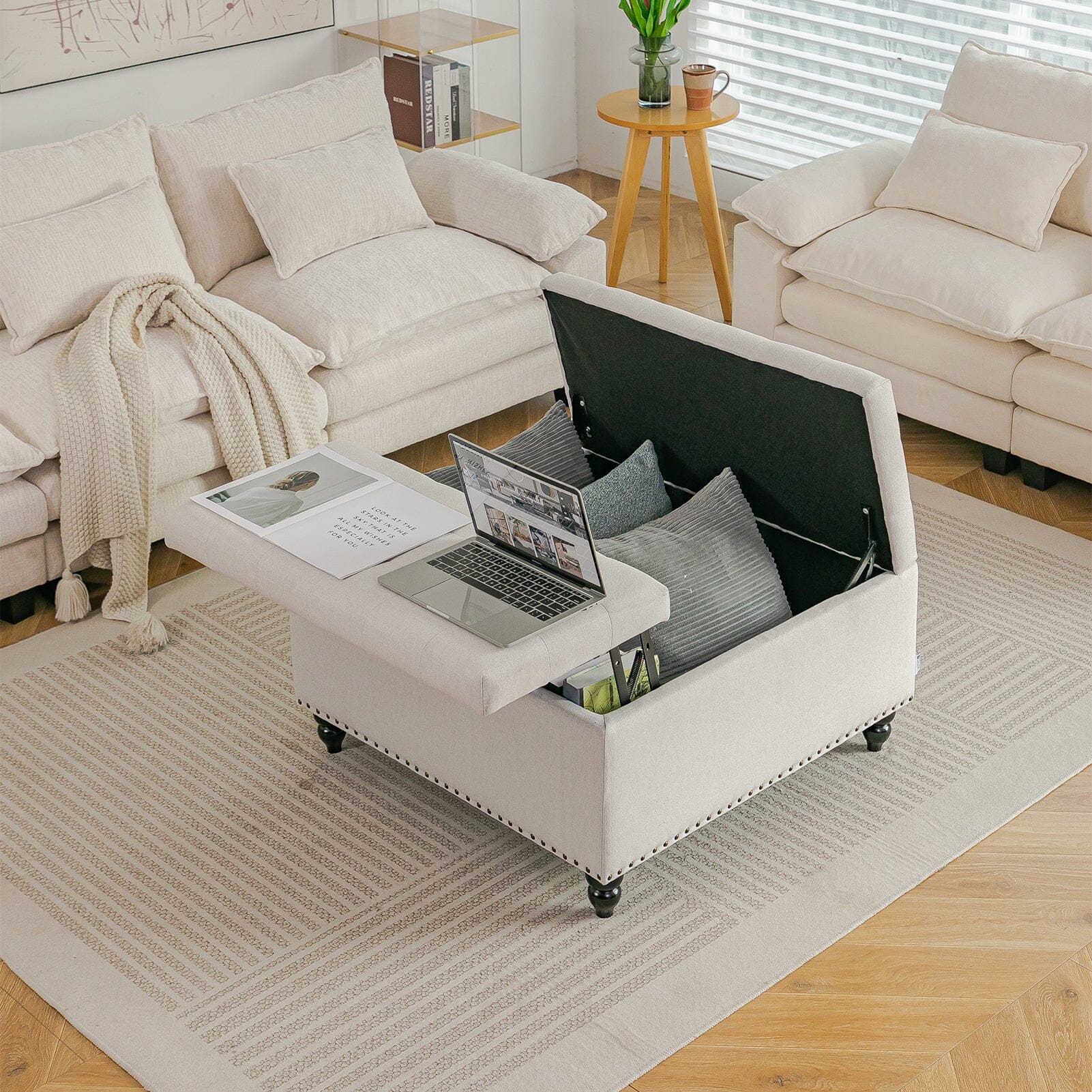 Large Square Storage Ottoman with Tufted Upholstery and Solid Wood Legs Living and Home 