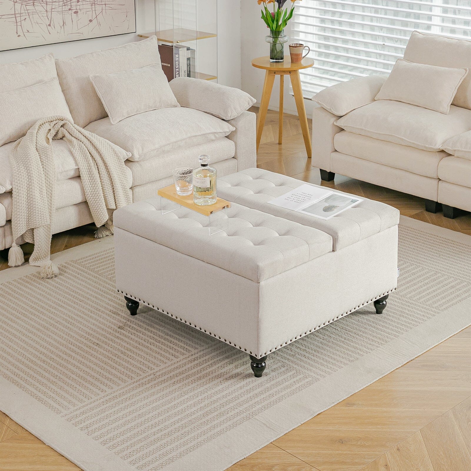 Large Square Storage Ottoman with Tufted Upholstery and Solid Wood Legs Living and Home 