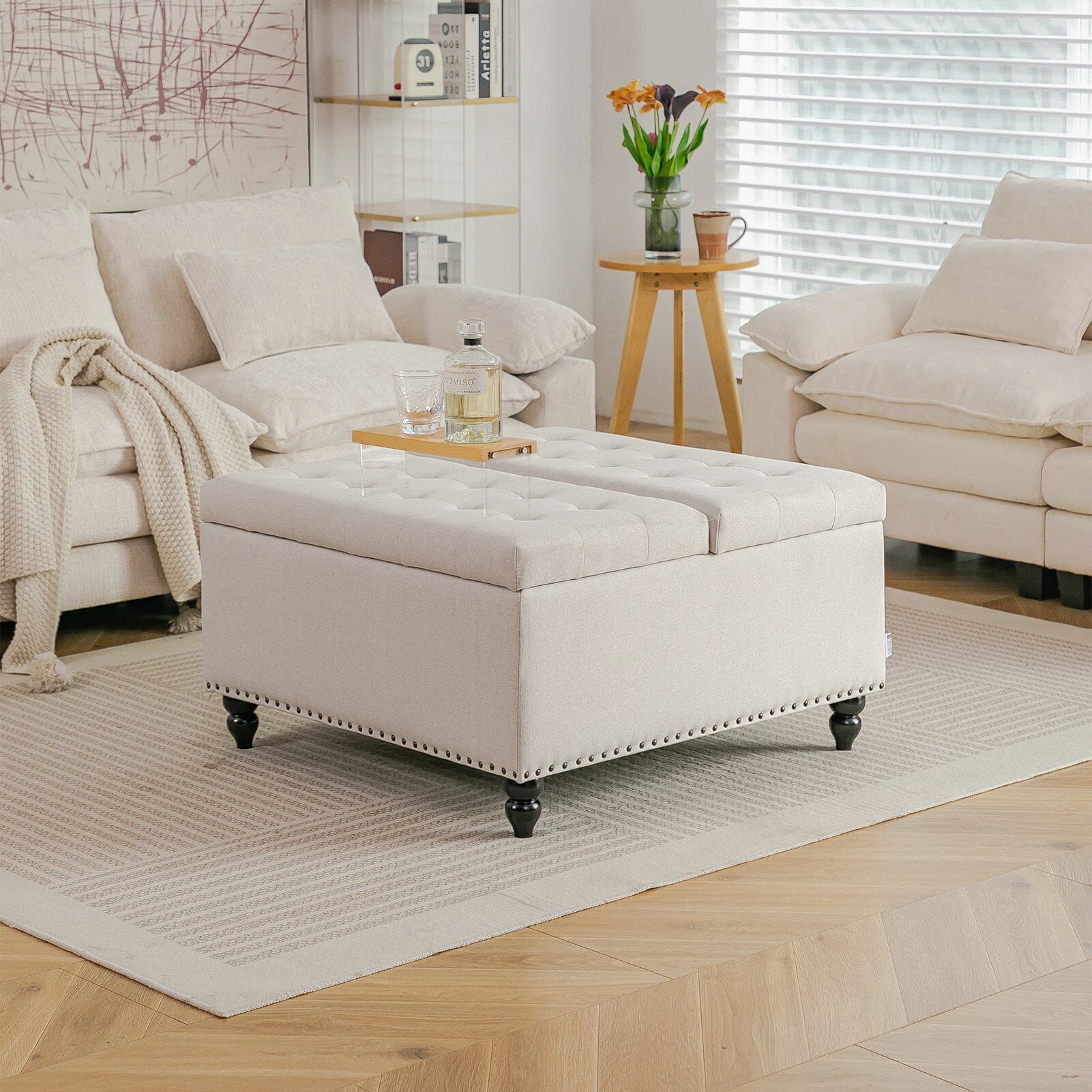 Large Square Storage Ottoman with Tufted Upholstery and Solid Wood Legs Living and Home 