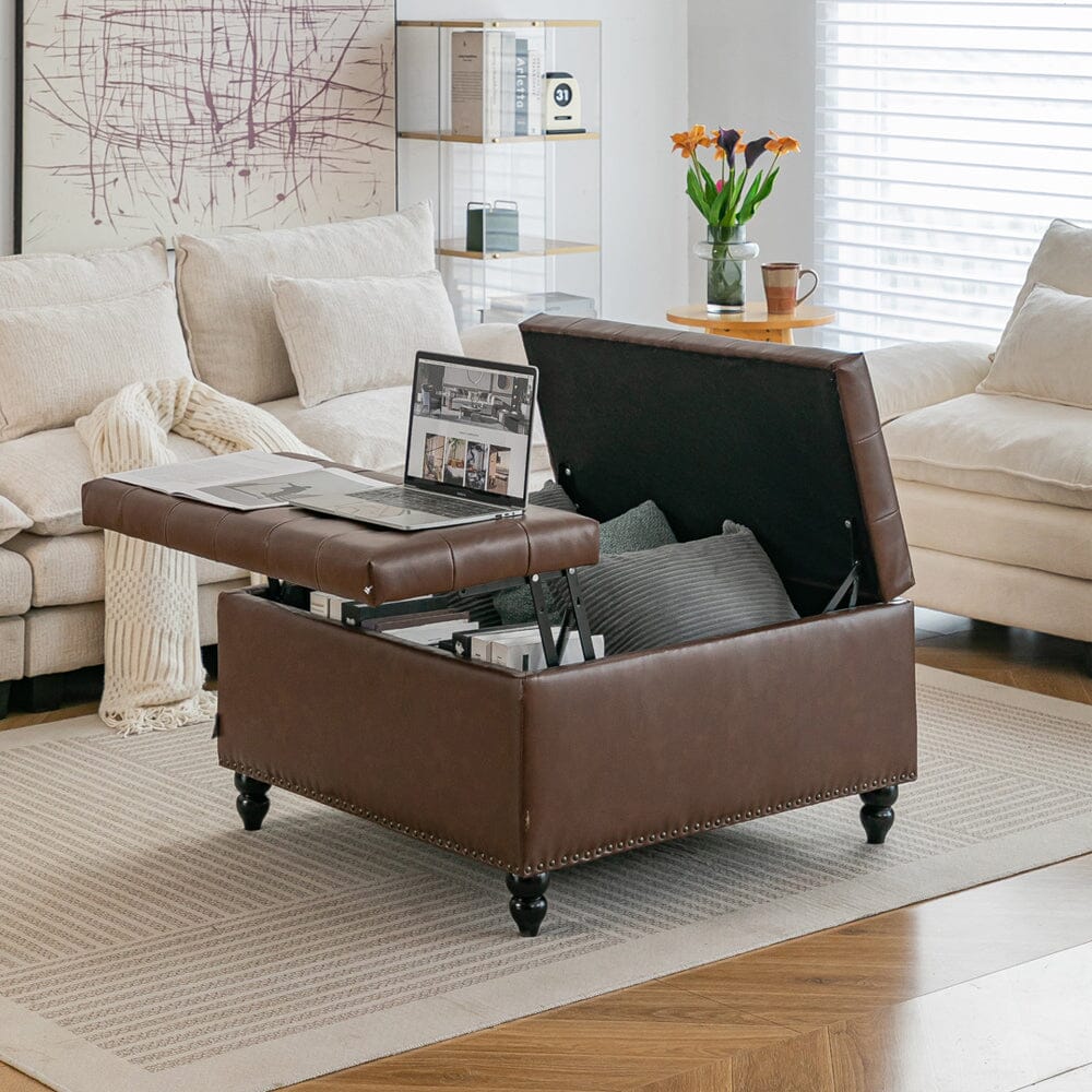 Large Square Storage Ottoman with Tufted Upholstery and Solid Wood Legs Living and Home 