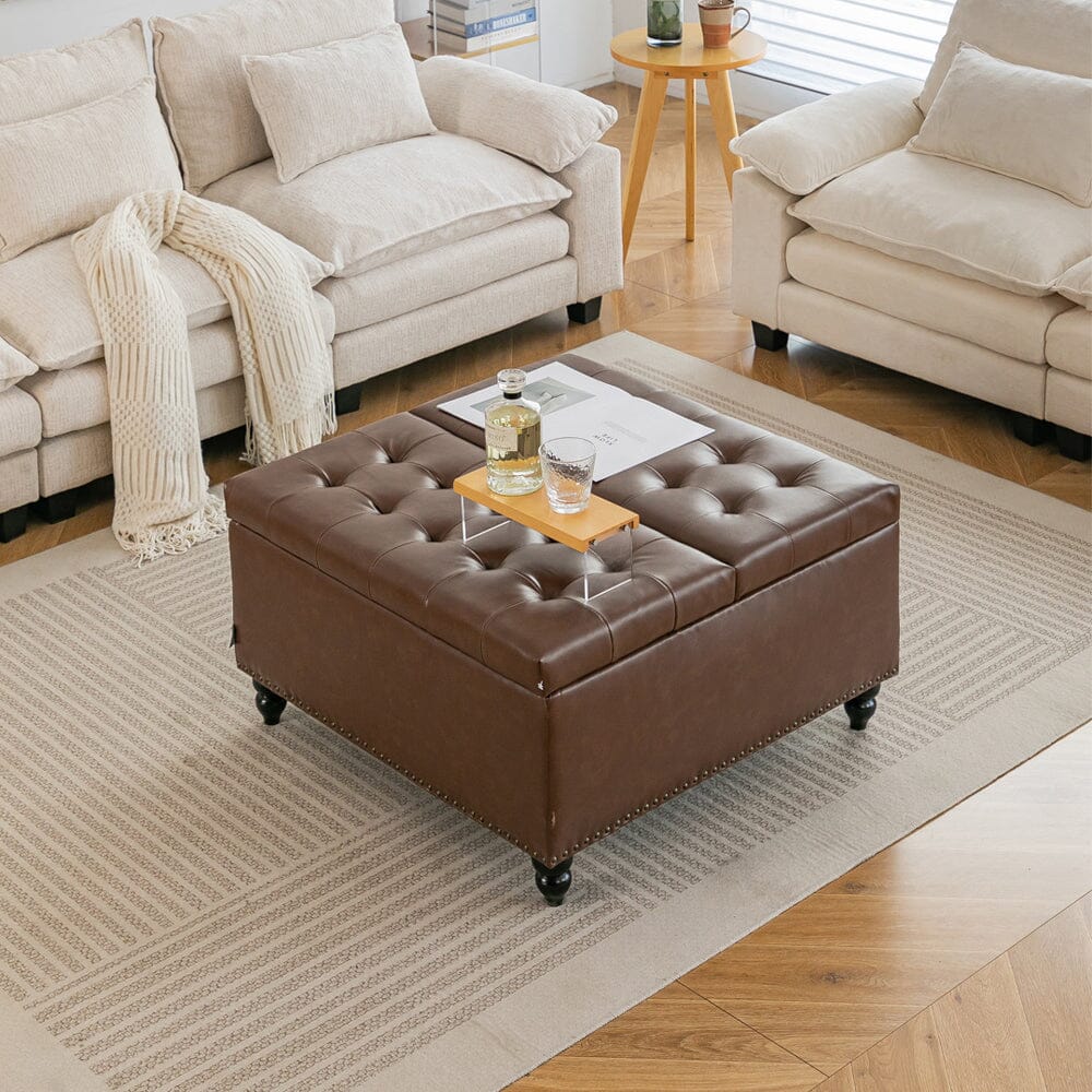 Large Square Storage Ottoman with Tufted Upholstery and Solid Wood Legs Living and Home Brown 