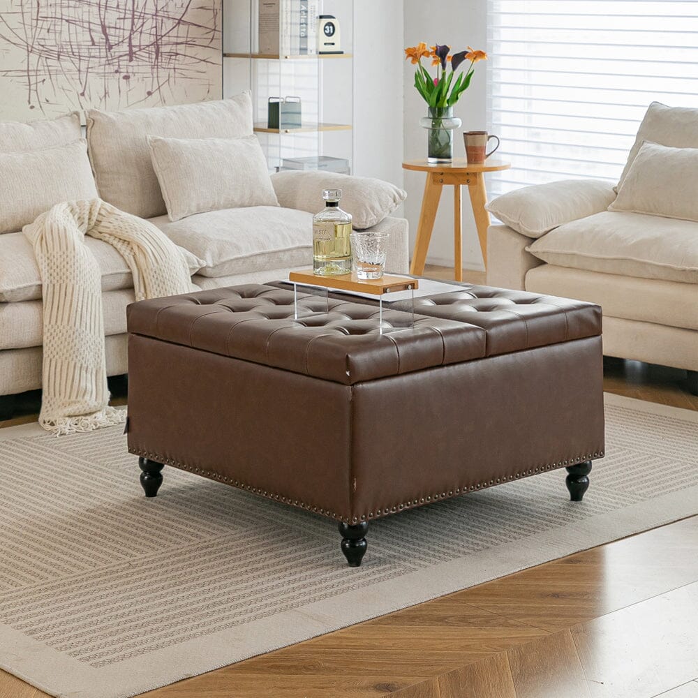 Large Square Storage Ottoman with Tufted Upholstery and Solid Wood Legs Living and Home 