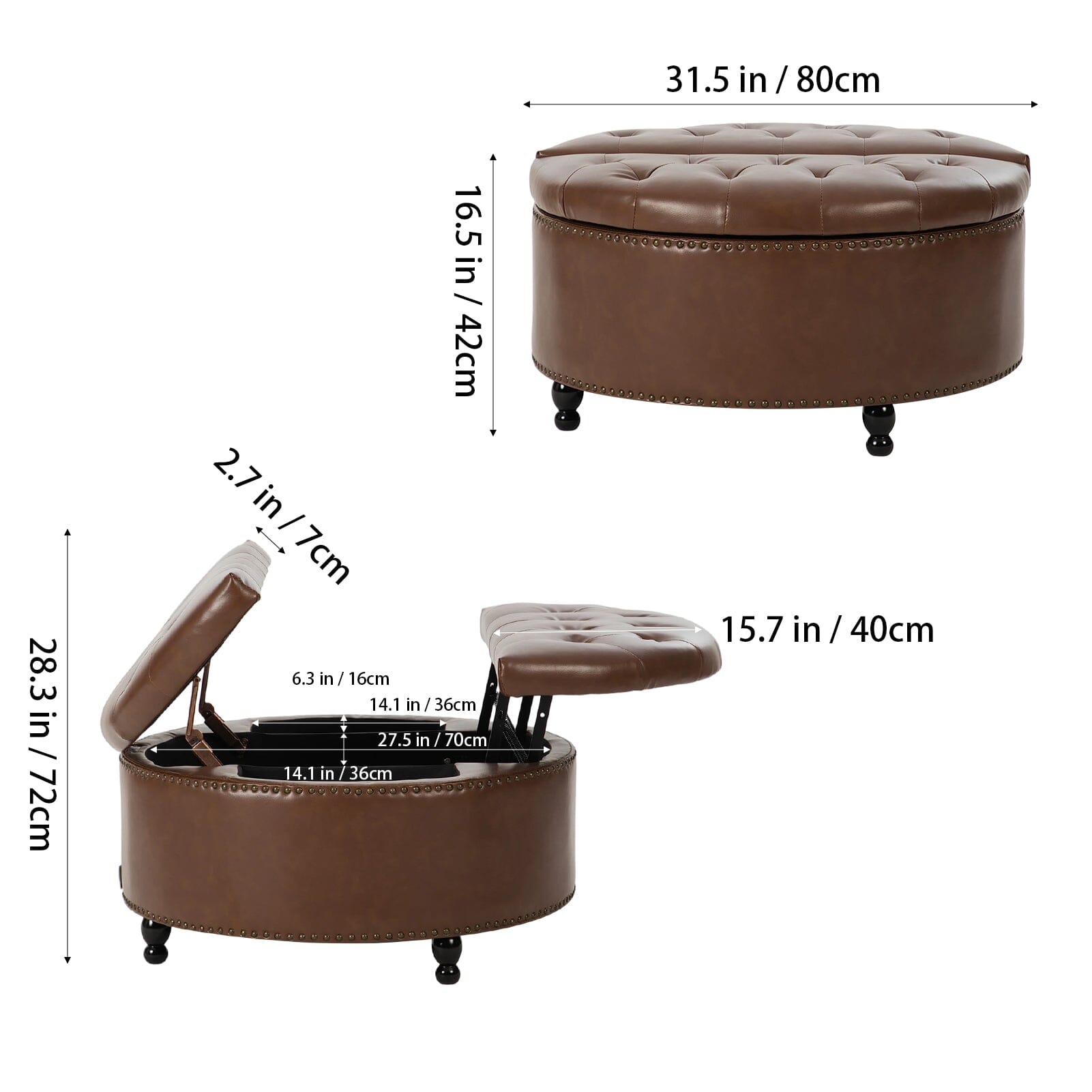 Round PU Leather Storage Ottoman with Tufted Top and Solid Wood Legs Living and Home 