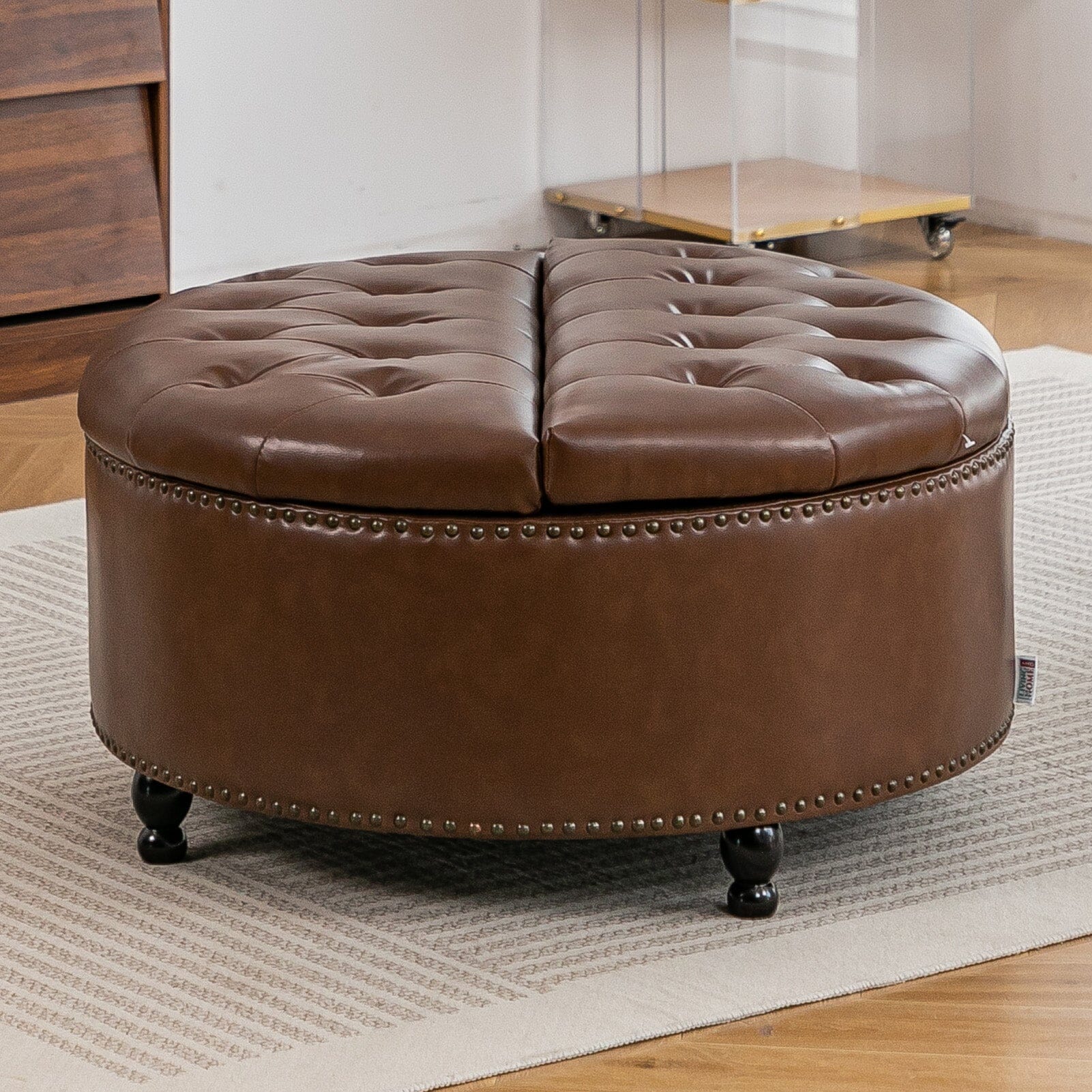 Round PU Leather Storage Ottoman with Tufted Top and Solid Wood Legs Living and Home 