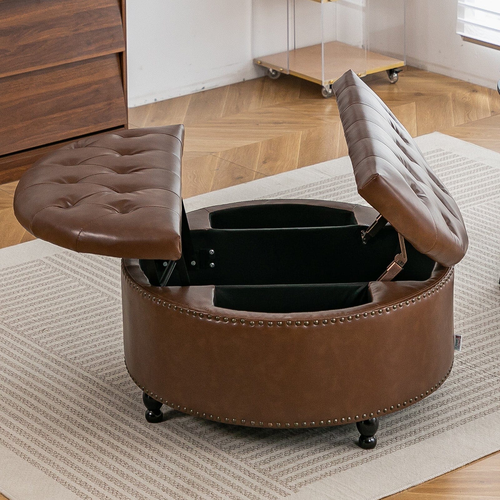 Round PU Leather Storage Ottoman with Tufted Top and Solid Wood Legs Living and Home 