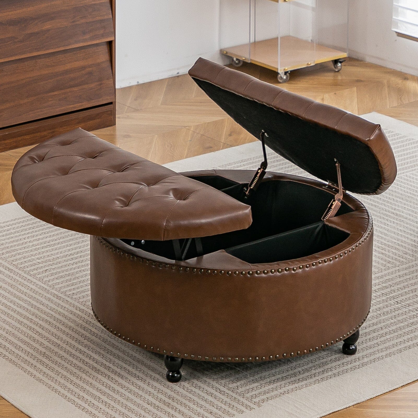 Round PU Leather Storage Ottoman with Tufted Top and Solid Wood Legs Living and Home 