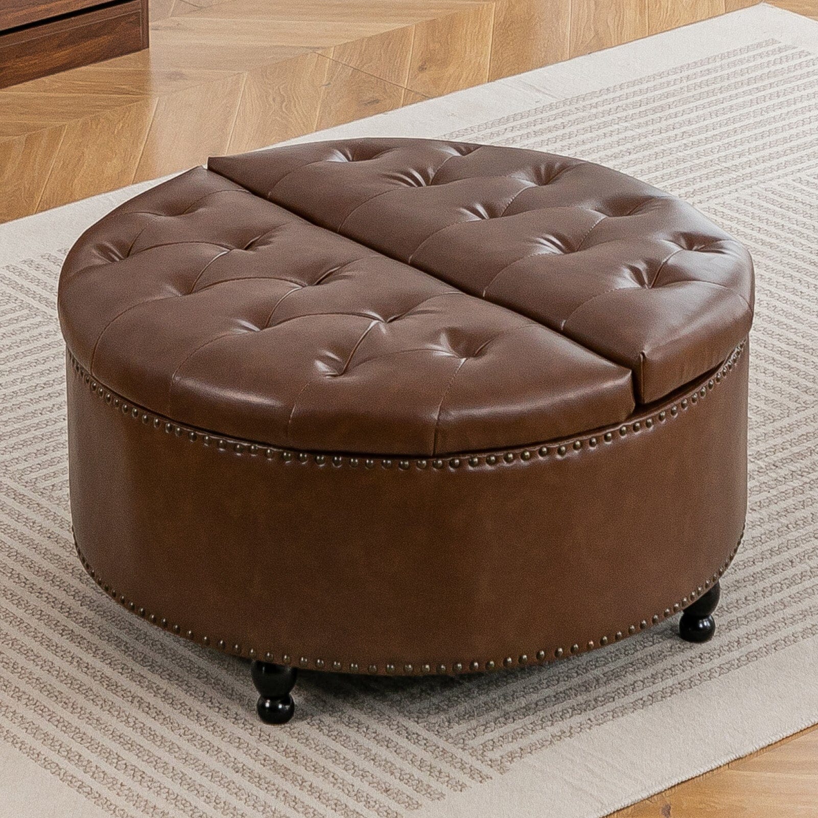 Round PU Leather Storage Ottoman with Tufted Top and Solid Wood Legs Living and Home Brown 