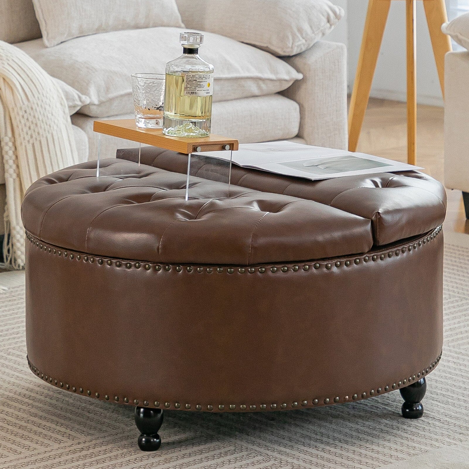 Round PU Leather Storage Ottoman with Tufted Top and Solid Wood Legs Living and Home 