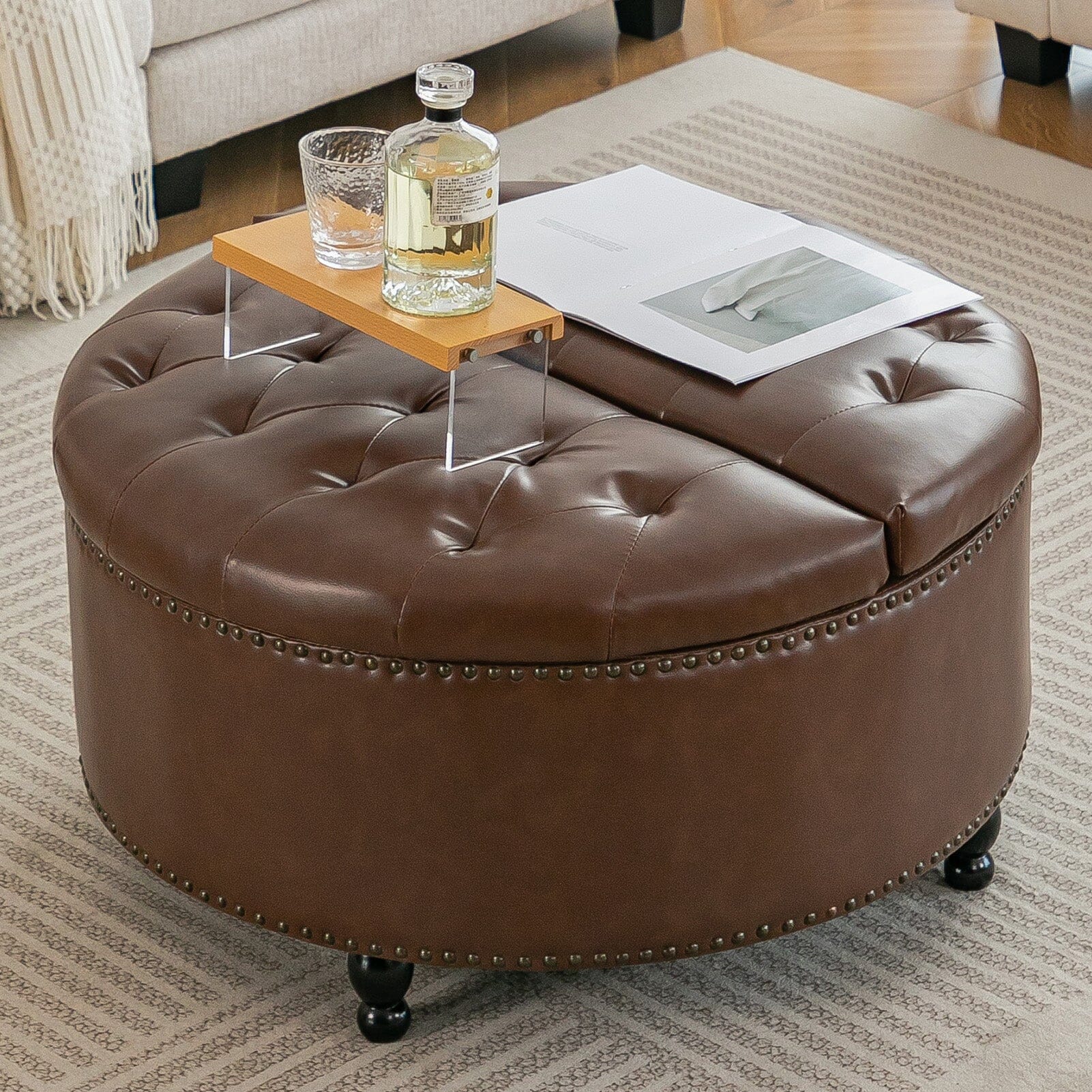 Round PU Leather Storage Ottoman with Tufted Top and Solid Wood Legs Living and Home 