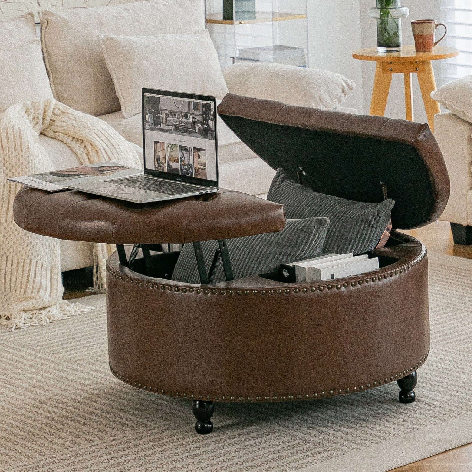 Round PU Leather Storage Ottoman with Tufted Top and Solid Wood Legs Living and Home 