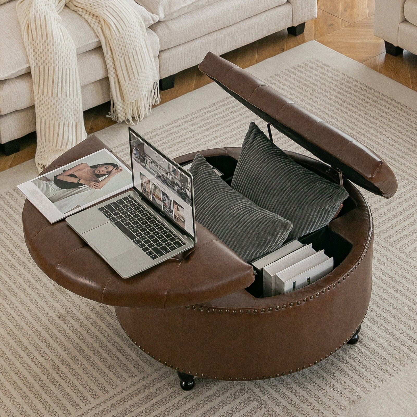 Round PU Leather Storage Ottoman with Tufted Top and Solid Wood Legs Living and Home 