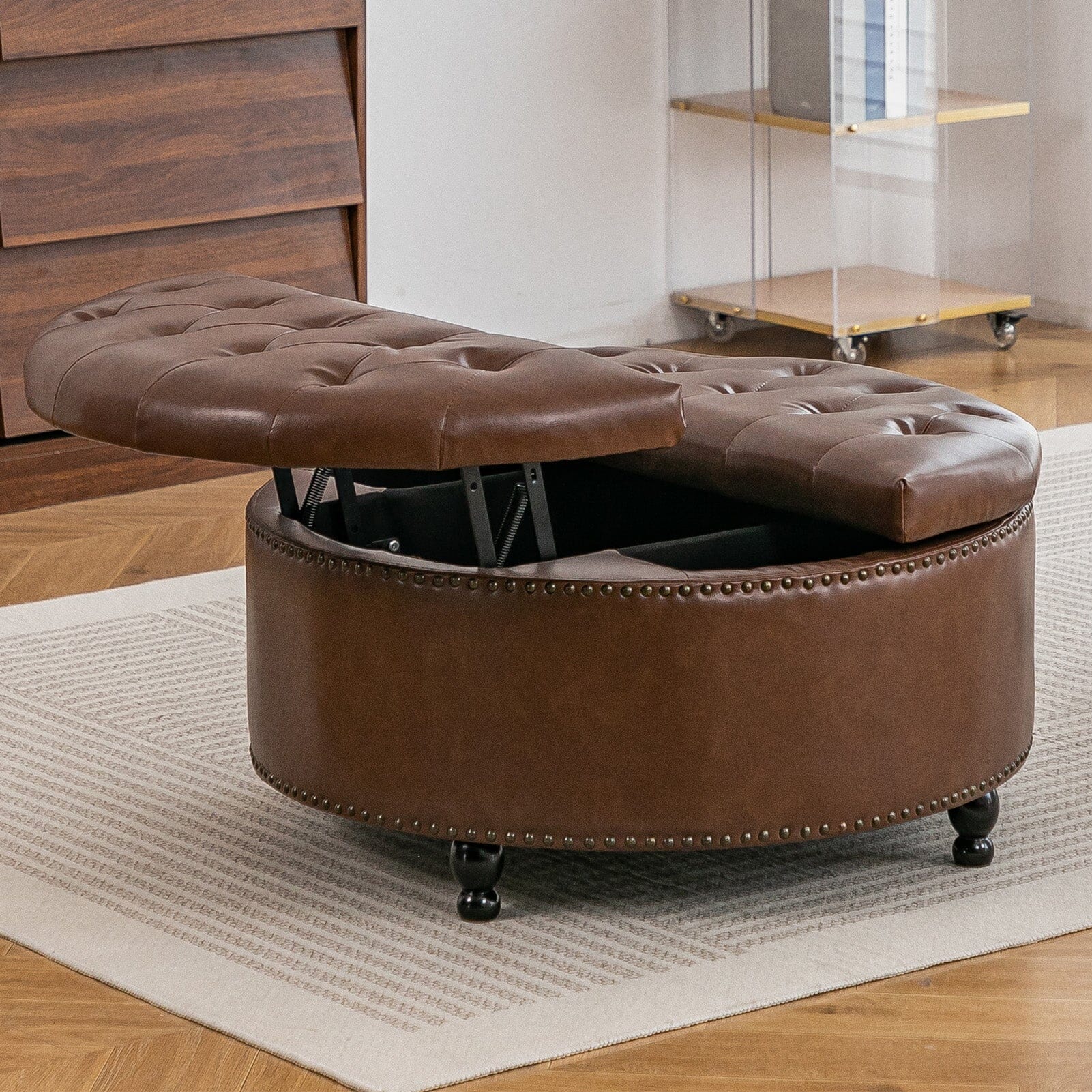 Round PU Leather Storage Ottoman with Tufted Top and Solid Wood Legs Living and Home 