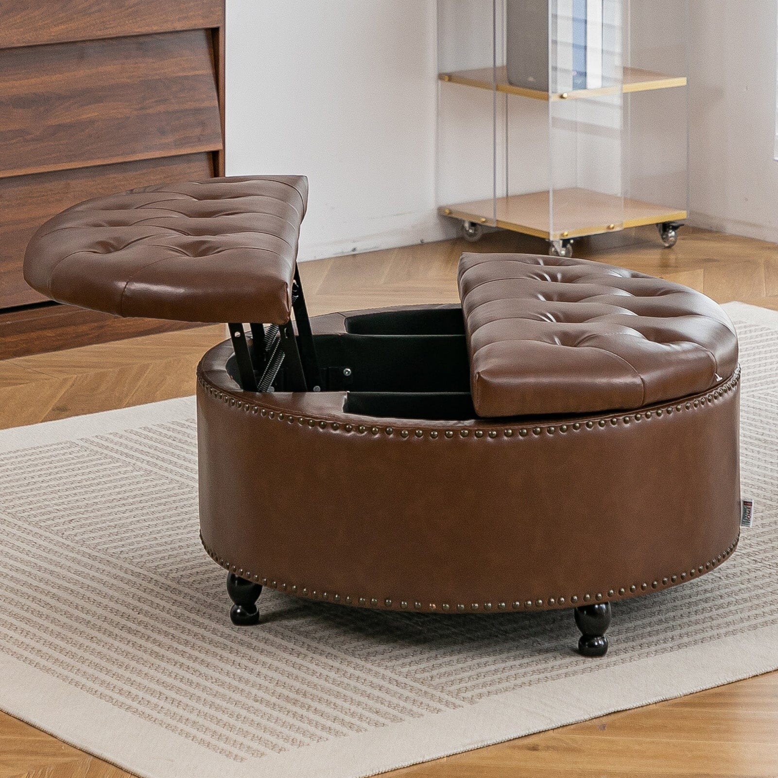 Round PU Leather Storage Ottoman with Tufted Top and Solid Wood Legs Living and Home 