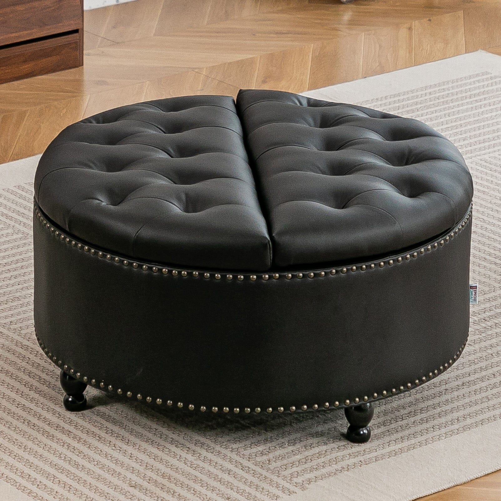 Round PU Leather Storage Ottoman with Tufted Top and Solid Wood Legs Living and Home 